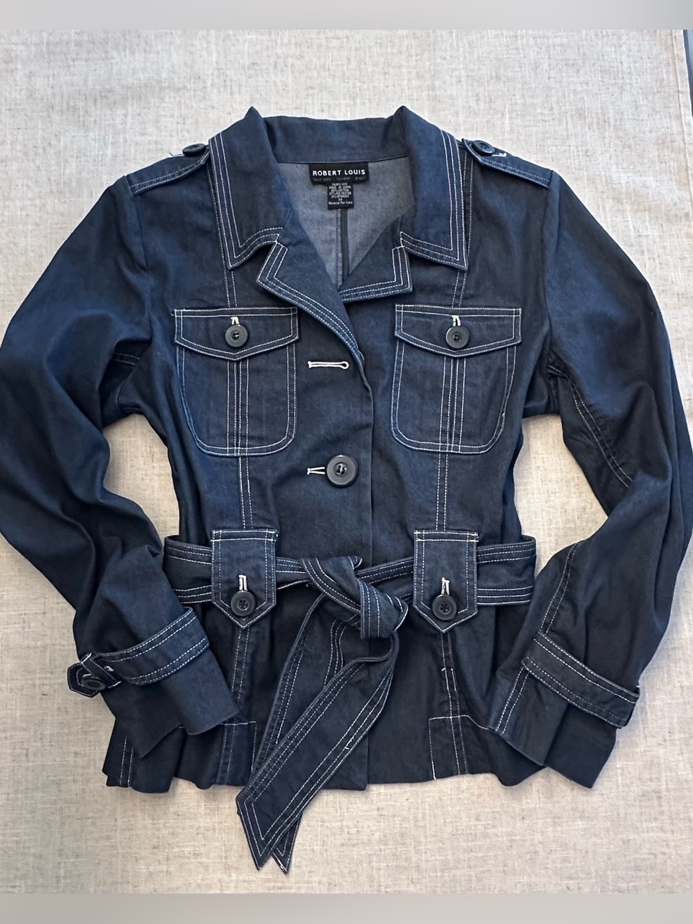 Vintage Y2K Robert Louis Denim Look Utility Style Jacket Navy Belted Size M